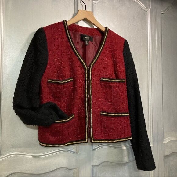 MANGO Red & Black Tweed Blazer Jacket with gold chain trimming C14 - Picture 4 of 13